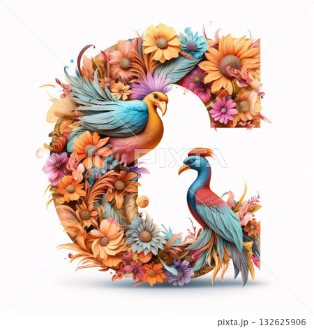Letter C made of flowers and birds isolated on white background. 3d rendering 132625906