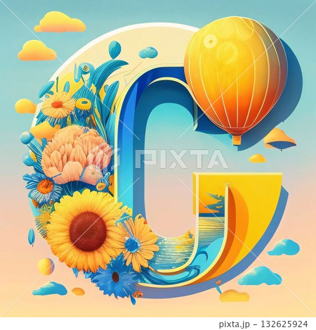 Alphabet Letter C with air balloon, sunflowers and clouds Alphabet Letter C with air balloon, sunflowers and clouds 132625924