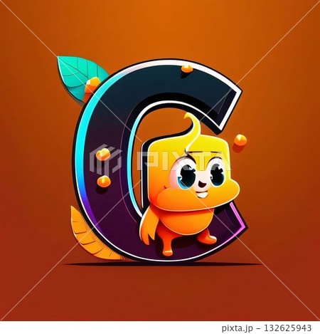 Cute cartoon character letter C with orange background. Vector illustration. 132625943