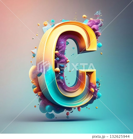 Colorful 3D letter C uppercase. 3D render font with colorful drops and bubbles isolated on blue background. Colorful 3D letter C uppercase. 3D render font with colorful drops and bubbles isolated on blue background. 132625944