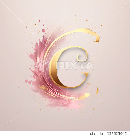 Vector illustration of golden letter C on a pink watercolor splash background. 132625945