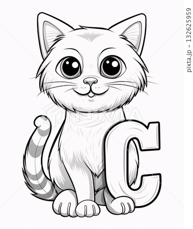 Cute cartoon kitten with the letter C. Vector illustration for your design 132625959