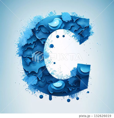 Alphabet letter C with blue watercolor splash and drops, vector illustration Alphabet letter C with blue watercolor splash and drops, vector illustration 132626019