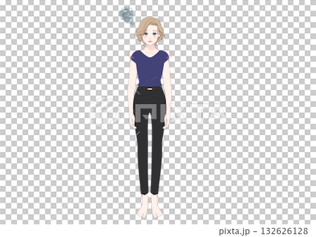 姿勢不良，女性圓肩駝背，全身 132626128