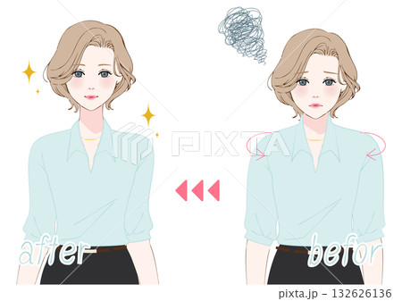 姿勢改善ビフォーアフター女性オフィス上半身 132626136