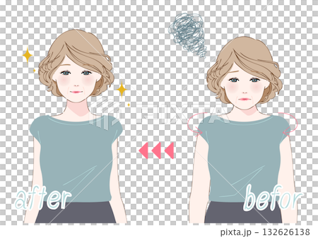 姿勢改善ビフォーアフター中高年女性上半身 132626138