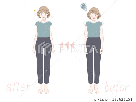 姿勢改善ビフォーアフター中高年女性カジュアル全身 姿勢改善ビフォーアフター中高年女性カジュアル全身 132626151