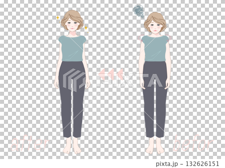 姿勢改善ビフォーアフター中高年女性カジュアル全身 姿勢改善ビフォーアフター中高年女性カジュアル全身 132626151