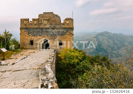 Aerial view of Simatai section of Great Wall of China in its original, un-restored state. Watchtowers perched on mountain peaks, Beijing, China. High quality photo Aerial view of Simatai section of Great Wall of China in its original, un-restored state. Watchtowers perched on mountain peaks, Beijing, China. High quality photo 132626416
