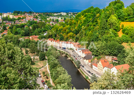 Panoramic view of Passau. Aerial skyline of old town from Veste Oberhaus castle . Confluence of three rivers Danube, Inn, Ilz, Bavaria, Germany. 132626469