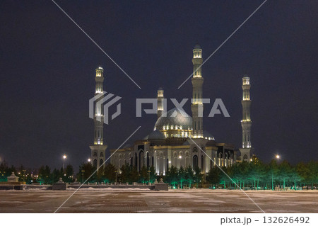 Panoramic view of snow-white modern Hazaret Sultan mosque at night, Nur-Sultan, Astana, Kazakhstan. High quality photo Panoramic view of snow-white modern Hazaret Sultan mosque at night, Nur-Sultan, Astana, Kazakhstan. High quality photo 132626492