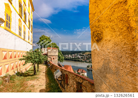 Panoramic view of Passau. Aerial skyline of old town from Veste Oberhaus castle . Confluence of three rivers Danube, Inn, Ilz, Bavaria, Germany. 132626561