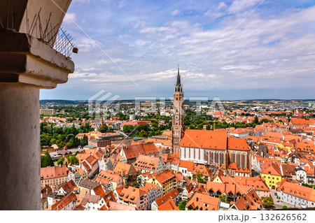 Panoramic view, aerial skyline of Landshut in Bavaria. Saint Martin cathedral, Martinskirch in old town and cathedrals, architecture, roofs of houses, streets landscape, Landshut, Germany. Panoramic view, aerial skyline of Landshut in Bavaria. Saint Martin cathedral, Martinskirch in old town and cathedrals, architecture, roofs of houses, streets landscape, Landshut, Germany. 132626562