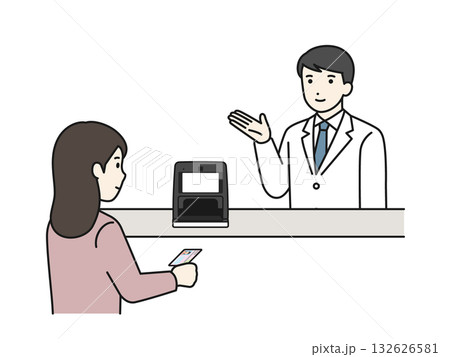 マイナンバーカード受付を案内する薬剤師 132626581