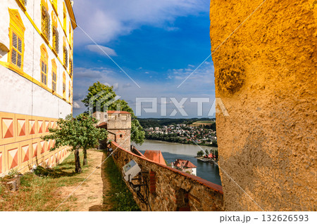 Panoramic view of Passau. Aerial skyline of old town from Veste Oberhaus castle . Confluence of three rivers Danube, Inn, Ilz, Bavaria, Germany. 132626593