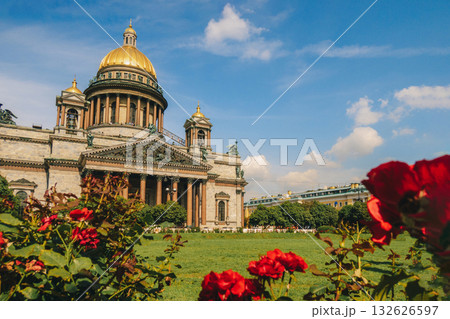 Panoramic view on Saint Isaac's Cathedral. Isaakievskiy Sobor with green lawn and red roses in summer, St. Petersburg, Russia. High quality photo Panoramic view on Saint Isaac's Cathedral. Isaakievskiy Sobor with green lawn and red roses in summer, St. Petersburg, Russia. High quality photo 132626597