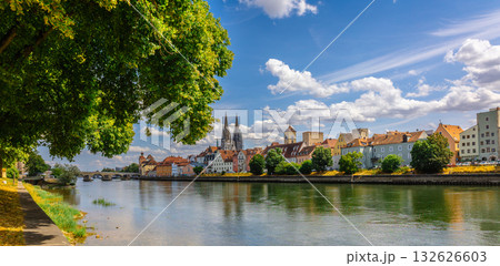 Panoramic view on beautiful Stone Bridge, Cathedral and Old Town. River Danube with colorful reflection, Regensburg, Bavaria, Germany. High quality photo Panoramic view on beautiful Stone Bridge, Cathedral and Old Town. River Danube with colorful reflection, Regensburg, Bavaria, Germany. High quality photo 132626603