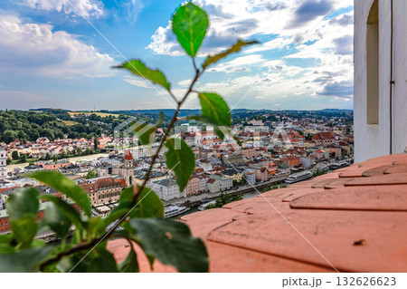 Panoramic view of Passau. Aerial skyline of old town from Veste Oberhaus castle . Confluence of three rivers Danube, Inn, Ilz, Bavaria, Germany. 132626623