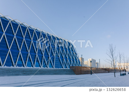 Modern architectural urbanistic city Astana. Panoramic view of futuristic buildings in sunny winter day, Nur-Sultan, Astana, Kazakhstan. High quality photo 132626658
