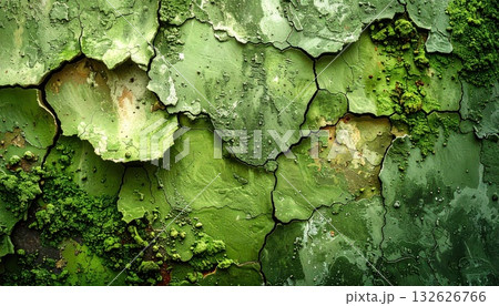 《AI画像》風化して崩れ始めた緑色の壁 132626766