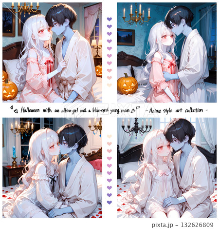 ゾンビになった恋人との一夜。アルビノの少女と碧眼の青年のハロウィン。漫画風のAIイラスト4枚セット 132626809