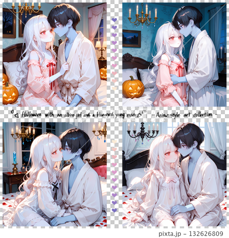 ゾンビになった恋人との一夜。アルビノの少女と碧眼の青年のハロウィン。漫画風のAIイラスト4枚セット 132626809