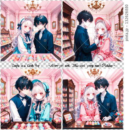 一對情侶在糖果店購物。一位白化病女孩和一位藍眼睛的年輕男子正在度假。一套4張漫畫風格的AI插畫。 132626880