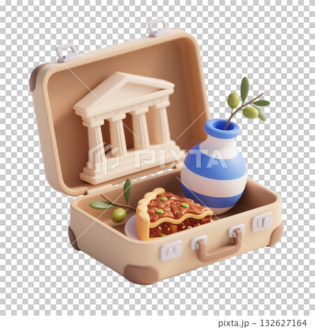 3D icon of Greek-themed suitcase with ancient temple, olive branch, blue and white vase, and slice of traditional pie isolated on white background 132627164