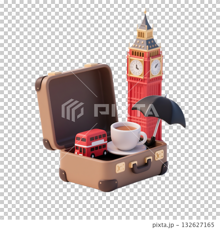 London 3D icon with brown suitcase, Big Ben, red double-decker bus, black umbrella, cup of tea, isolated on white 132627165