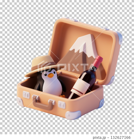 3D icon of South Africa suitcase with penguin, safari hat, wine bottle, and snowy mountain, isolated on white background 132627166