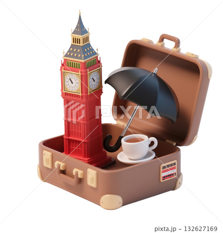 London 3D icon with brown suitcase holding Big Ben, black umbrella, cup of tea, isolated on white background 132627169