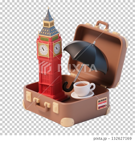 London 3D icon with brown suitcase holding Big Ben, black umbrella, cup of tea, isolated on white background 132627169