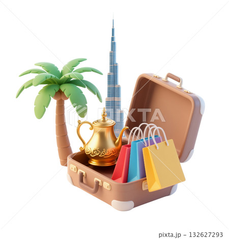 3D icon of Dubai travel scene with golden Arabic coffee pot, Burj Khalifa, palm tree, shopping bags isolated on white 132627293