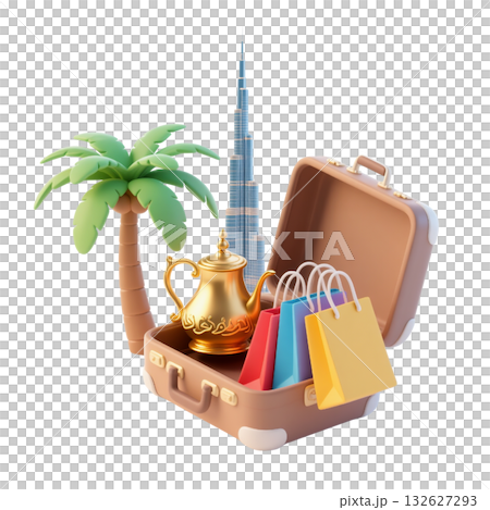 3D icon of Dubai travel scene with golden Arabic coffee pot, Burj Khalifa, palm tree, shopping bags isolated on white 132627293
