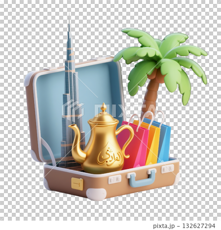 3D icon of Dubai suitcase with Burj Khalifa, palm tree, golden Arabic coffee pot, colorful shopping bags, on white 132627294