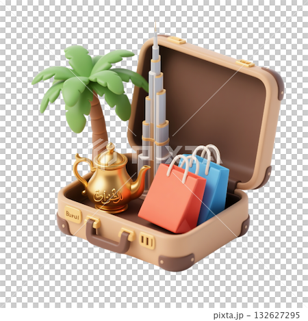 3D icon of Dubai travel scene with palm tree, Burj Khalifa, golden Arabic coffee pot, shopping bags, isolated on white 132627295