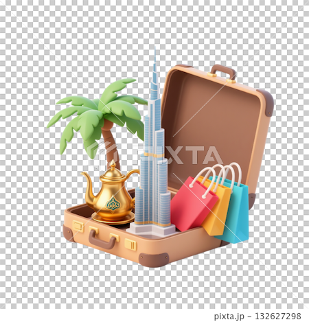 3D icon of Dubai city travel essentials with palm tree, Burj Khalifa, golden Arabic coffee pot, shopping bags 132627298