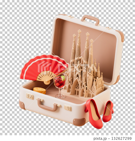 3D icon of Barcelona suitcase with Sagrada Familia, red fan, glass of sangria, orange slice, red high heels 3D icon of Barcelona suitcase with Sagrada Familia, red fan, glass of sangria, orange slice, red high heels 132627299