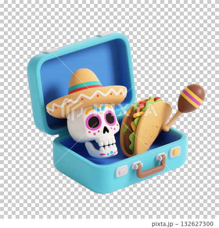 3D icon of suitcase with vibrant sugar skull, sombrero, taco, and maraca celebrating Mexican tradition, isolated 132627300