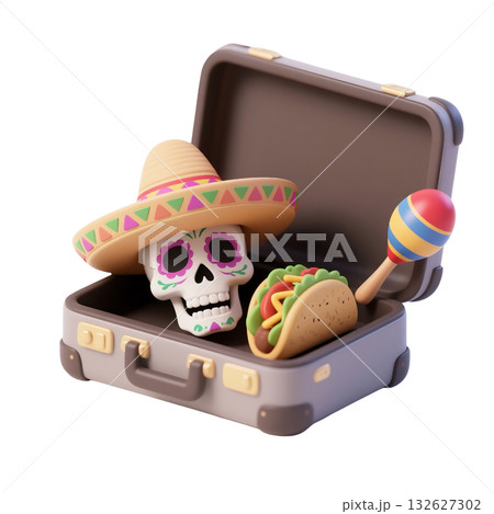 3D icon of suitcase with sugar skull wearing sombrero, taco, and maraca celebrating Mexican culture, isolated on white 132627302
