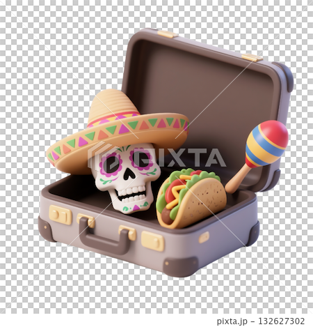 3D icon of suitcase with sugar skull wearing sombrero, taco, and maraca celebrating Mexican culture, isolated on white 132627302