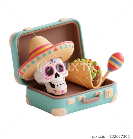3D icon of colorful sugar skull in sombrero with vibrant taco and maraca in suitcase symbolizing Mexican culture 132627306
