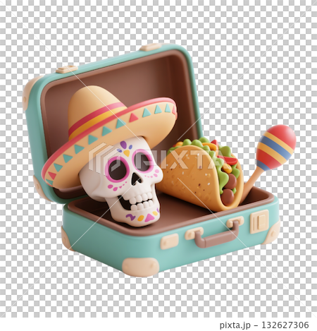 3D icon of colorful sugar skull in sombrero with vibrant taco and maraca in suitcase symbolizing Mexican culture 132627306