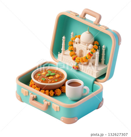 3D icon of India-inspired suitcase with Taj Mahal model, traditional curry, chai cup, marigold flowers, isolated 132627307
