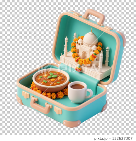 3D icon of India-inspired suitcase with Taj Mahal model, traditional curry, chai cup, marigold flowers, isolated 132627307