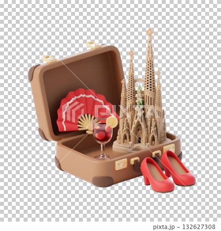 3D icon of Barcelona suitcase with Sagrada Familia, red fan, sangria glass, lemon slice, red heels, Spanish theme 3D icon of Barcelona suitcase with Sagrada Familia, red fan, sangria glass, lemon slice, red heels, Spanish theme 132627308