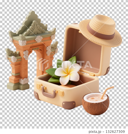 3D icon of tropical Bali travel elements with suitcase, frangipani flower, temple gate, straw hat, and coconut drink 3D icon of tropical Bali travel elements with suitcase, frangipani flower, temple gate, straw hat, and coconut drink 132627309