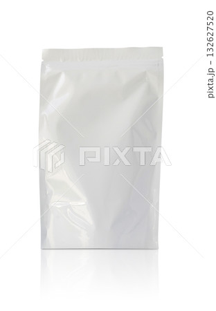 Blank white aluminium foil plastic pouch bag sachet packaging mockup isolated on white background 132627520