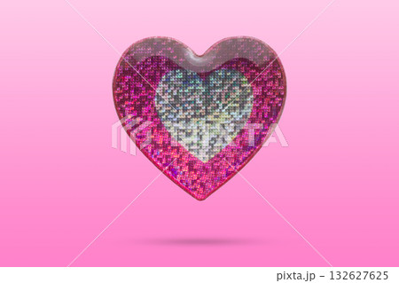 Pink heart shape hologram sticker flying on pink background 132627625