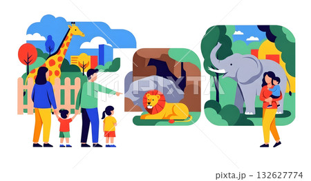 動物園を楽しむ親子のフラットイラスト 動物園を楽しむ親子のフラットイラスト 132627774